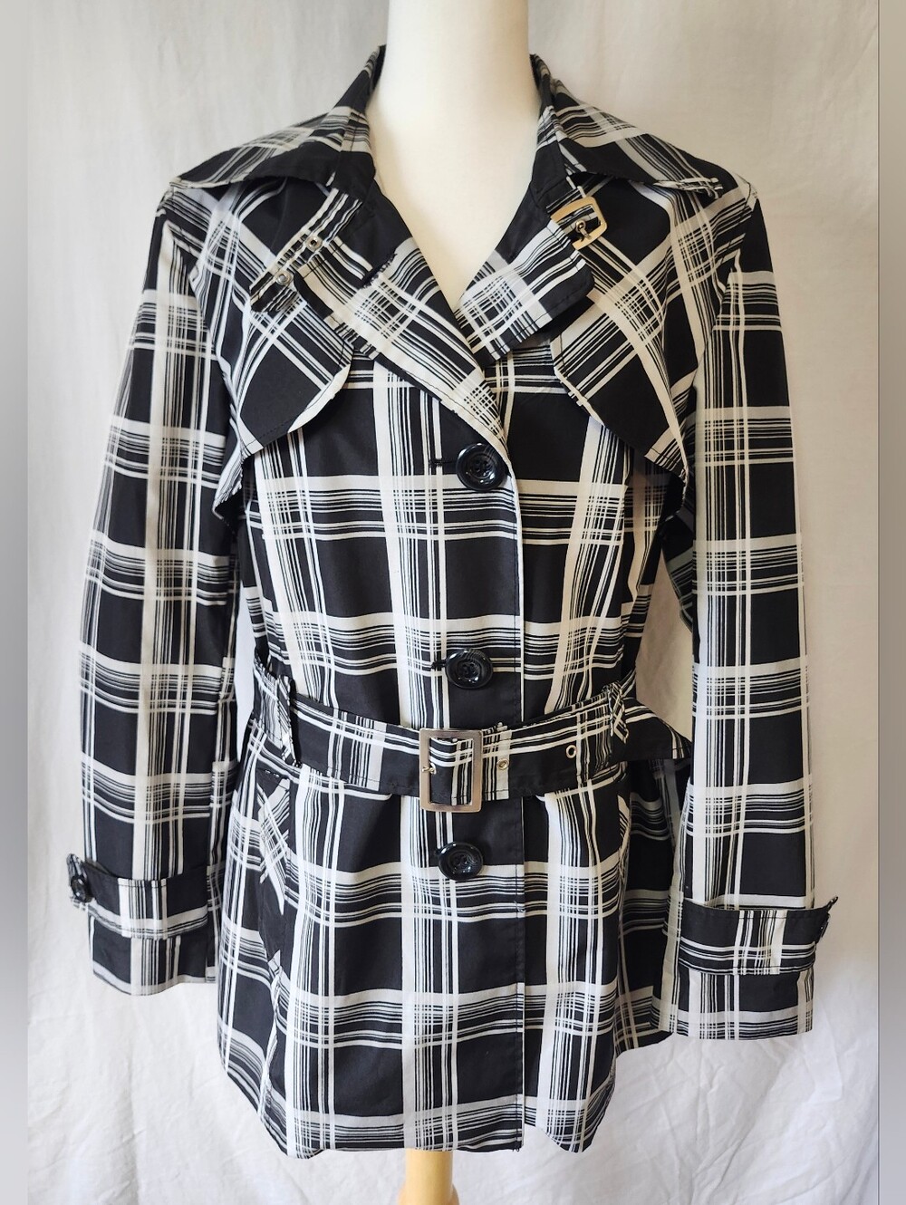 President Stone Black & White Plaid Women's Trench Coat - Belted Jacket